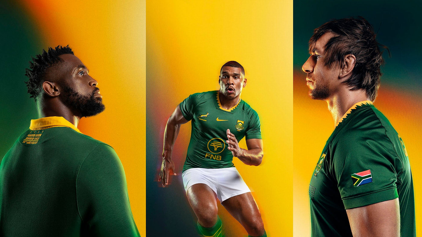 An image of 3 South African rugby players wearing the 2025 Home Jersey