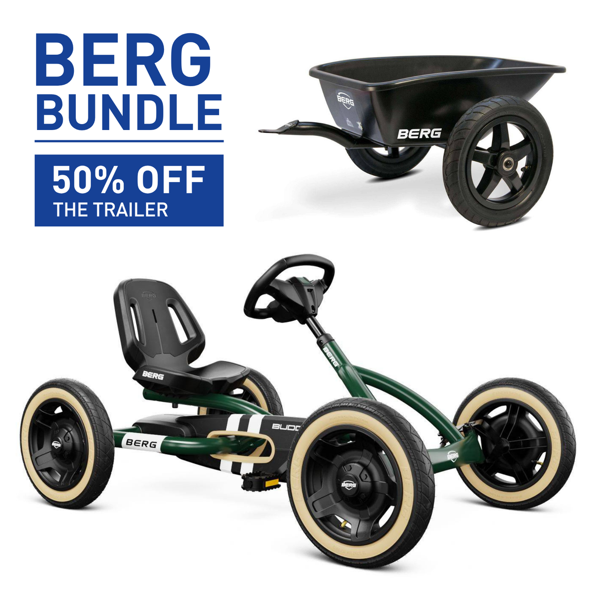 BERG Buddy Retro Green Go-Kart and Trailer