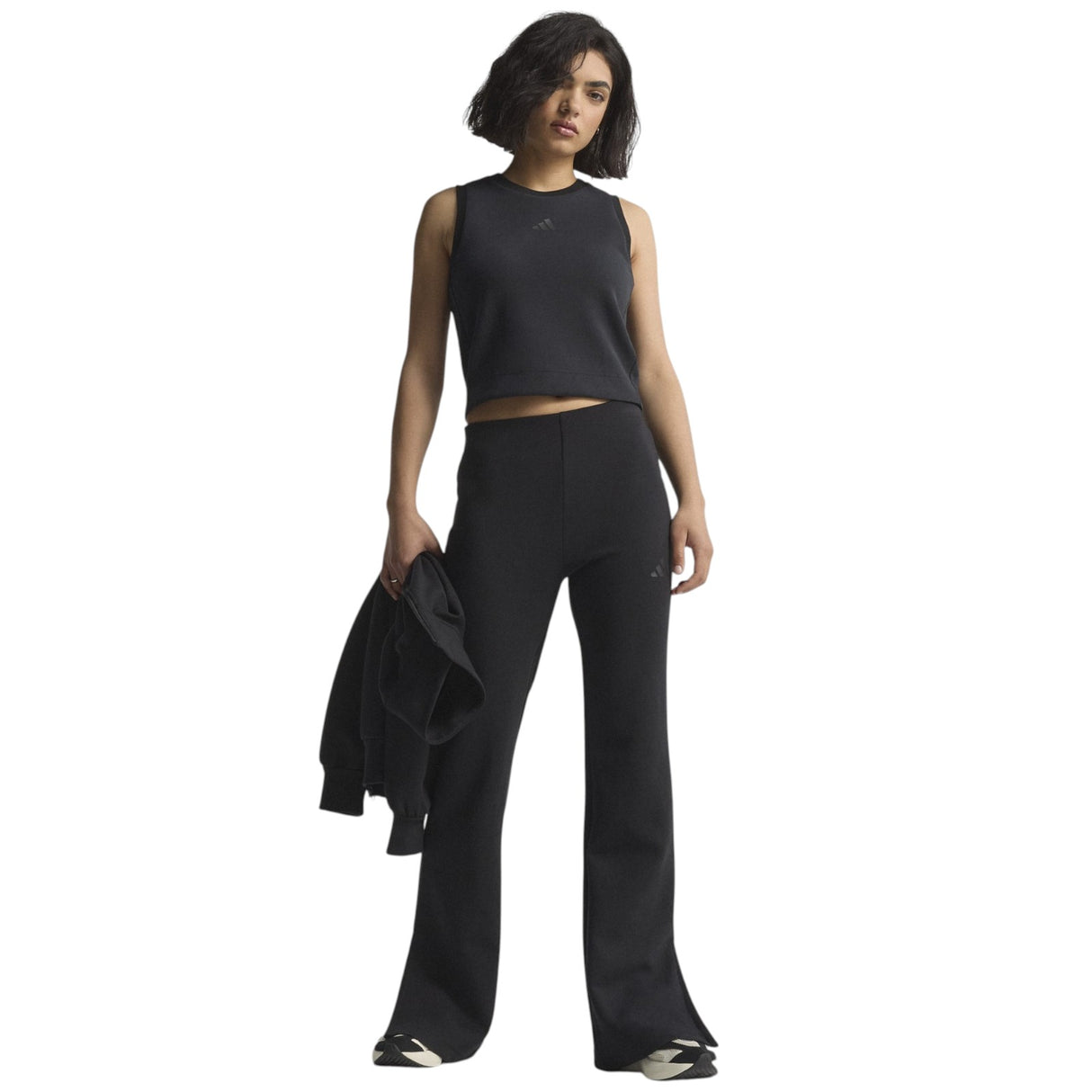 adidas All Season Womens Fleece Slim-Fit Flared Pants Model Full-Length Front View