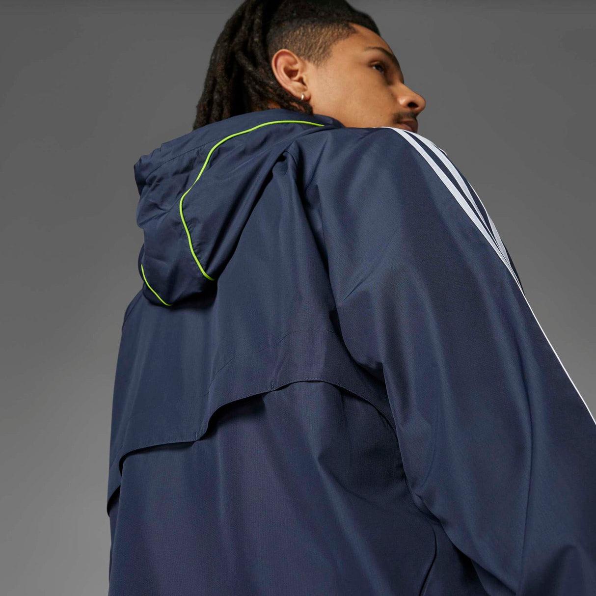 adidas Real Madrid Adults Full-Zip Windbreaker Jacket Model Side Back View Grey Background