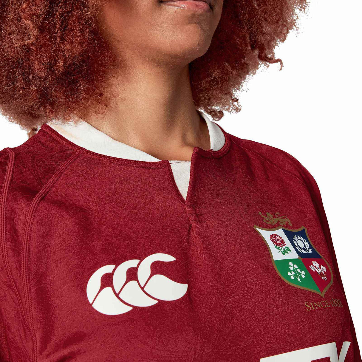 Canterbury British & Irish Lions Rugby 2024/25 Unisex Short Sleeved Replica Jersey Close-Up Female Model Chest View