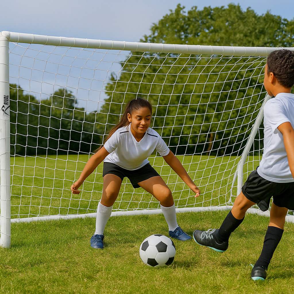 Rival 8ft x 4ft Outdoor PVC Football Goal Lifetstyle Boy Kicking Ball View