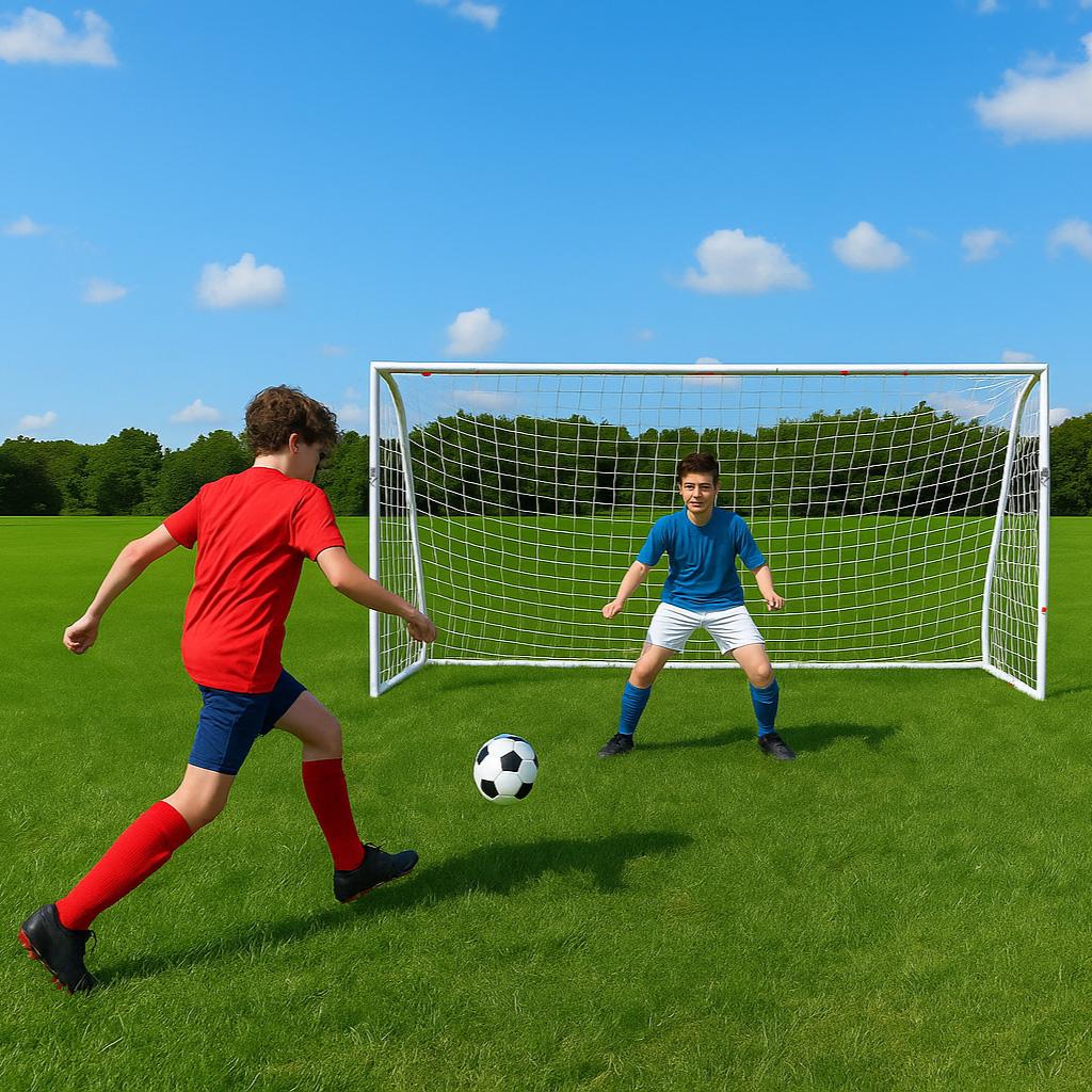 Rival 10ft x 6ft Outdoor PVC Football Goal Lifestyle Boy Kicking Ball View