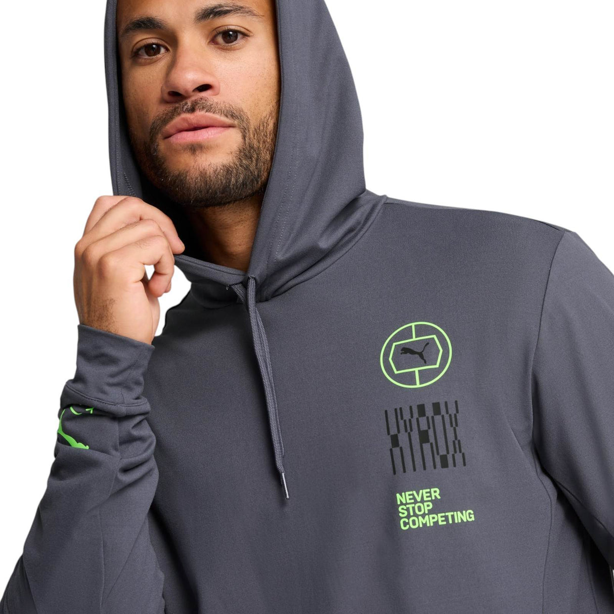 Puma x HYROX Cloudspun Mens Training Pullover Hoodie Model Close-Up Chest View