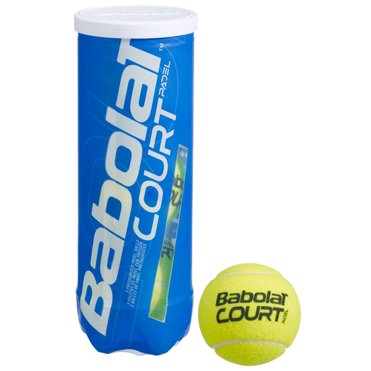 Babolat Court Padel Balls - 3 Pack Packaging View with Ball