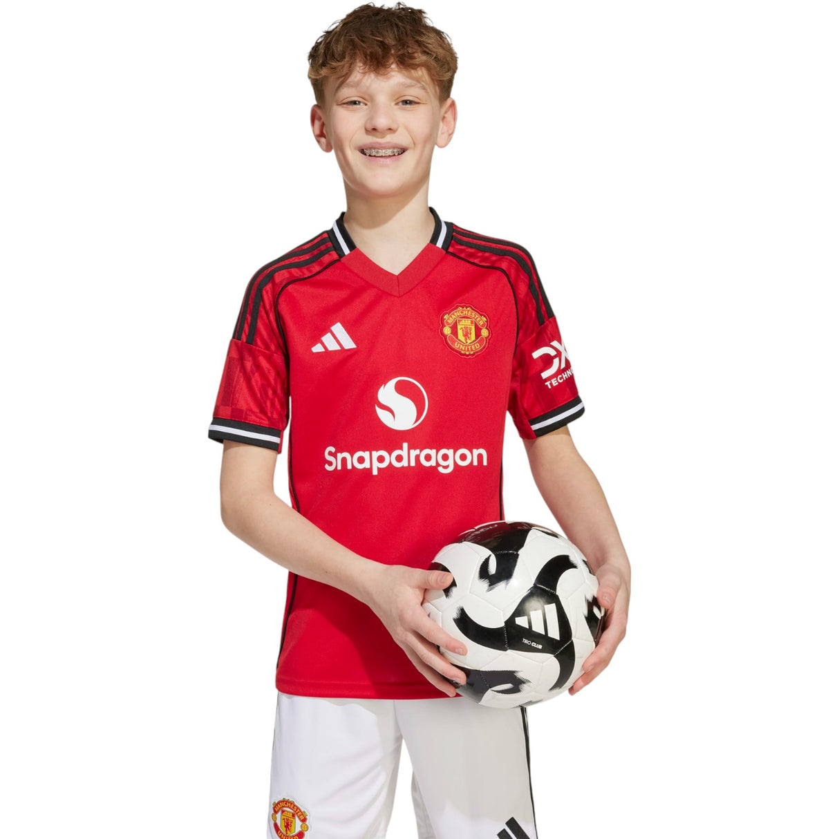 adidas Manchester United Football 2025/26 Kids Short Sleeved Home Jersey Model Front View