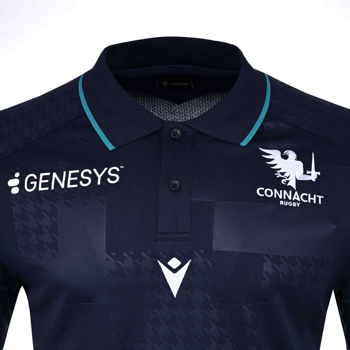Macron Connacht Rugby 2025/26 Mens SS Travel Polo Shirt Close-Up Front View