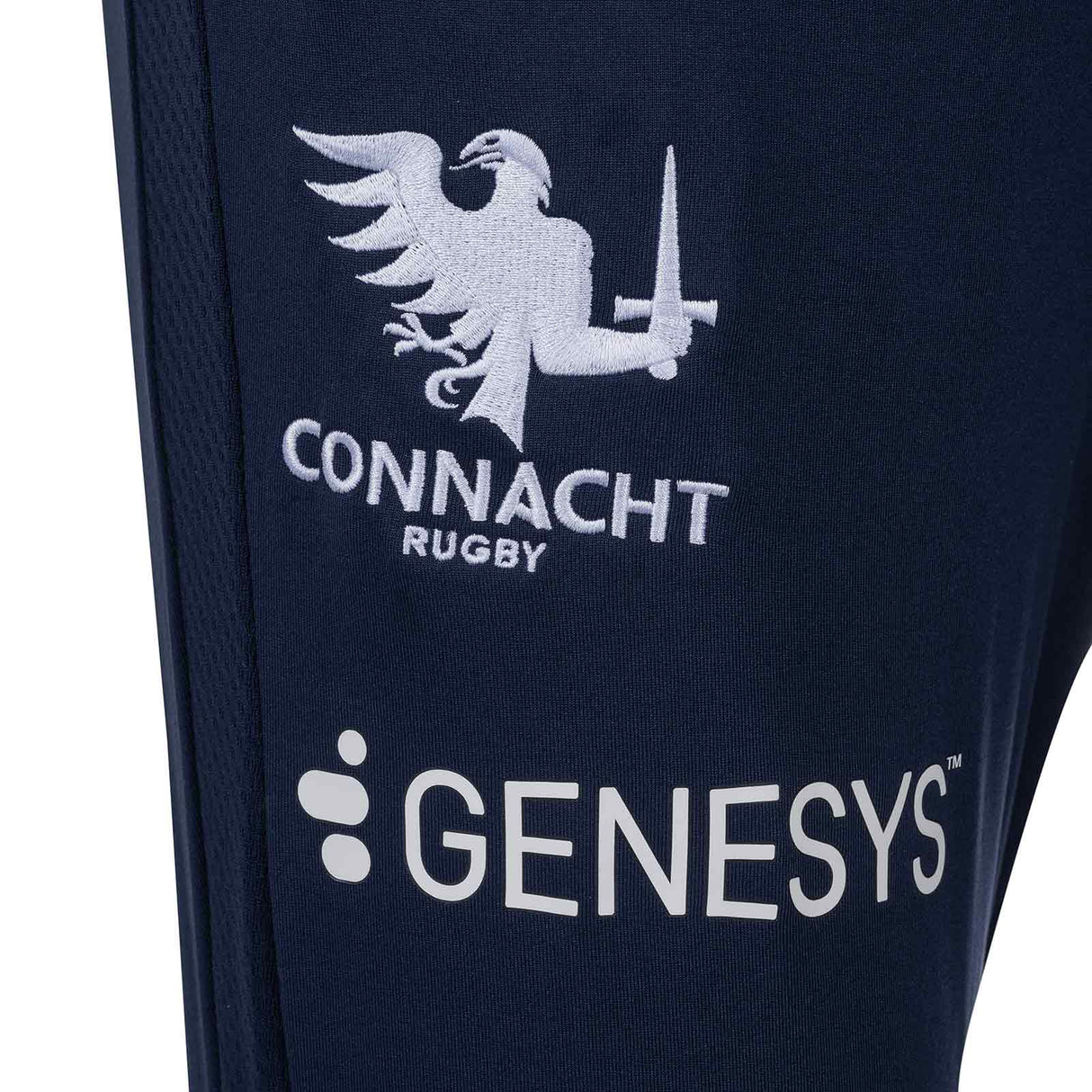Macron Connacht Rugby 2025/26 Mens Training Pant Close-Up Crest and Sponsor Logo View