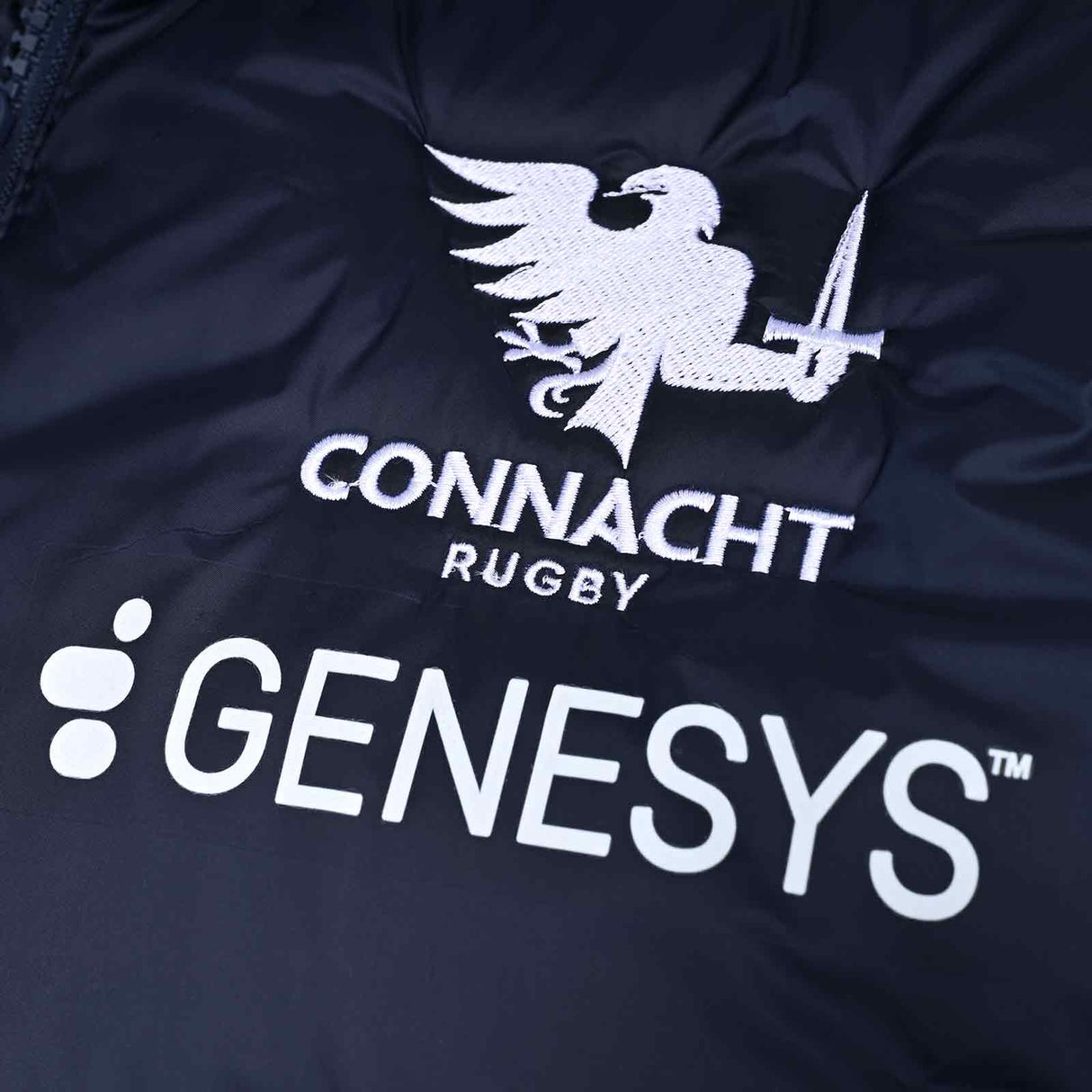 Macron Connacht Rugby 2025/26 Mens Padded Training Gilet Close-Up Team Crest and Sponsor Logo View