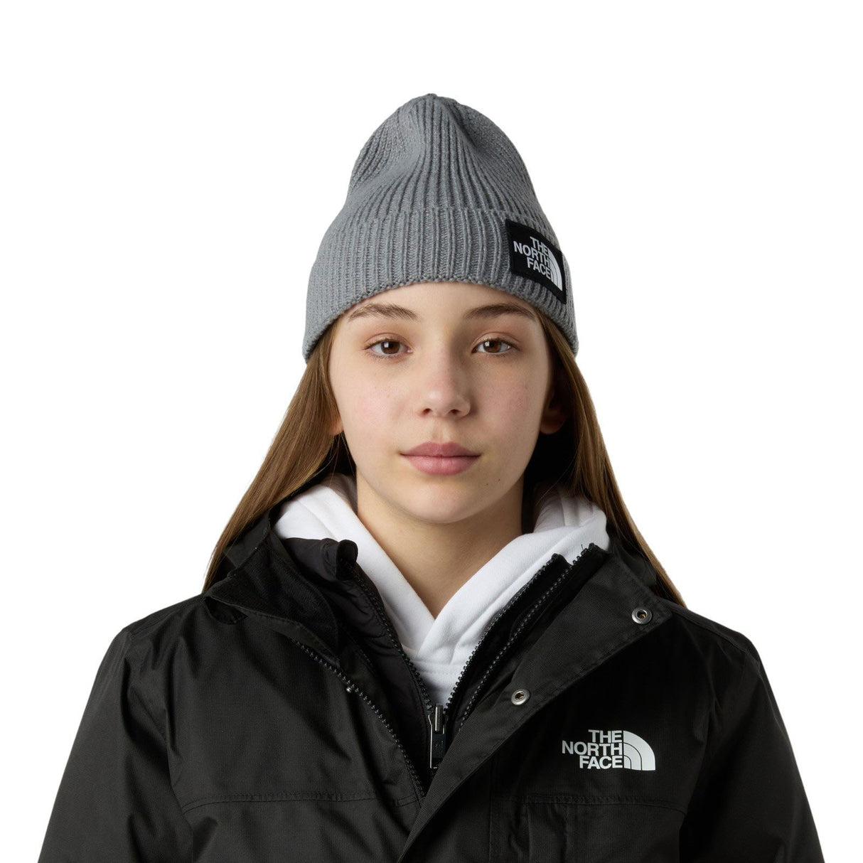 TNF Logo Box Cuffed Kids Beanie Grey