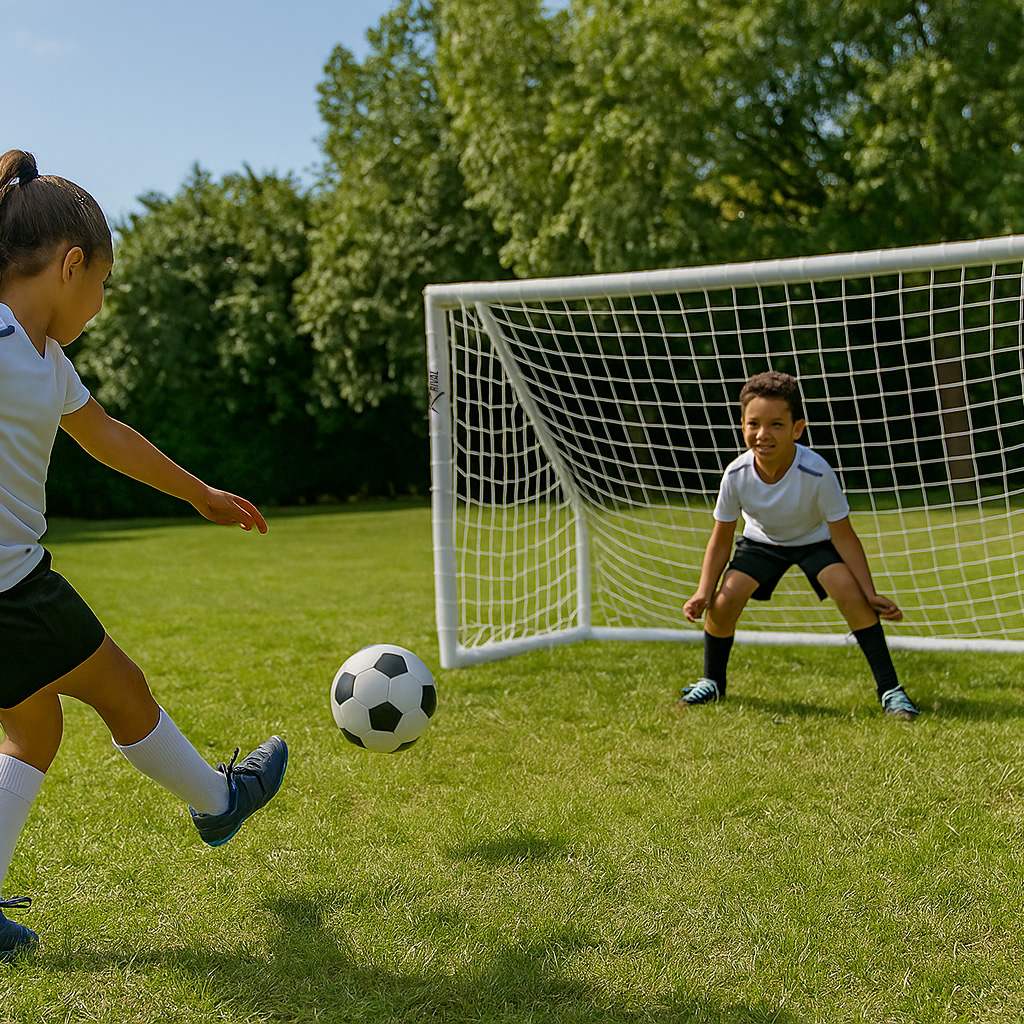 Rival 8ft x 4ft Outdoor PVC Football Goal Lifetstyle Girl Kicking Ball View