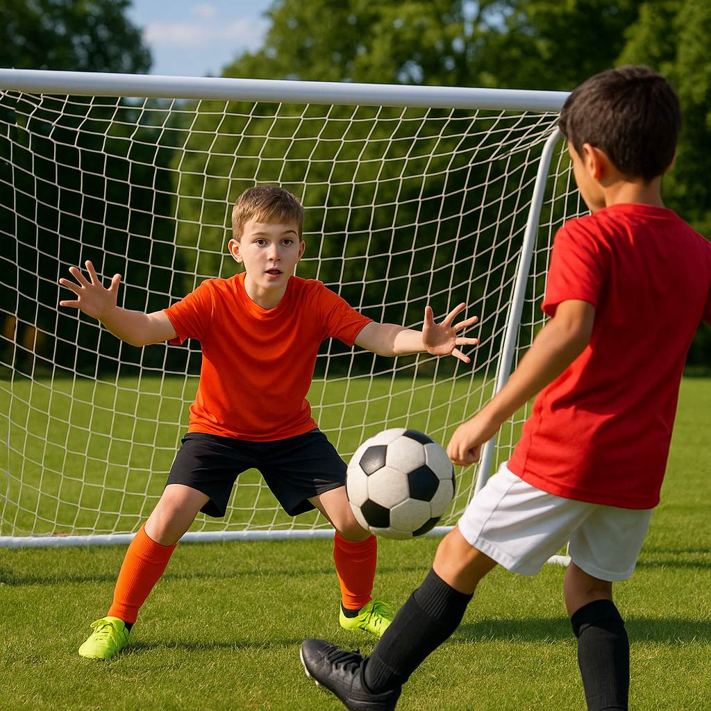 Rival 10ft x 6ft Outdoor PVC Football Goal Lifestyle Close-Up Boy Kicking Ball View
