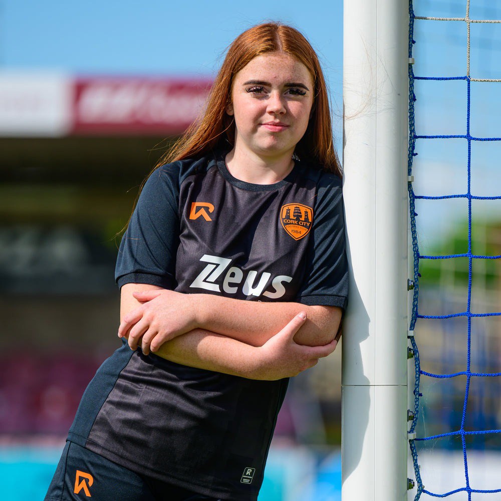 Rebel Army Cork City Football 2025/26 Kids Third Jersey Model Front View Goal