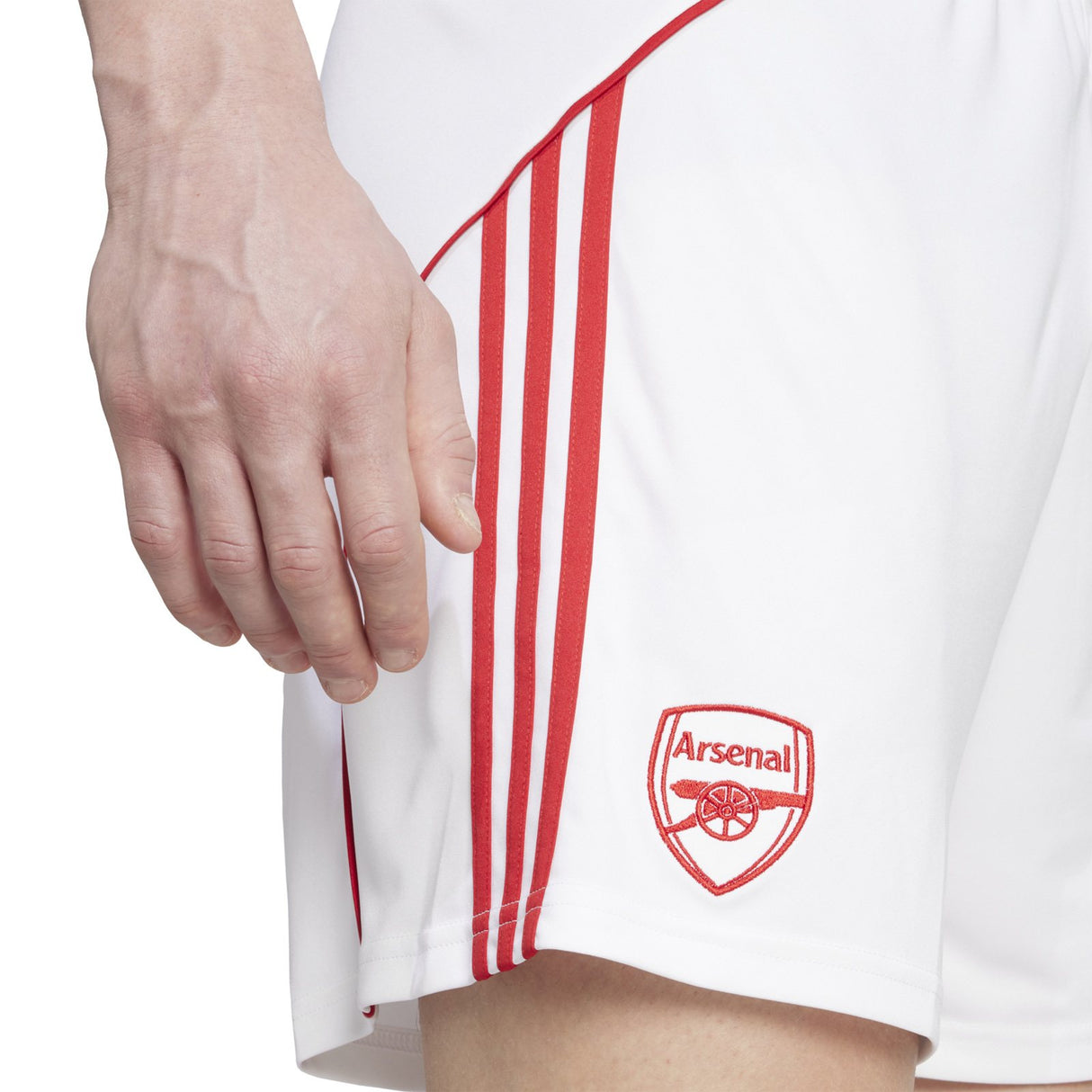 adidas Arsenal Football 2025/26 Mens Home Short Model Close Up Side Team Crest View