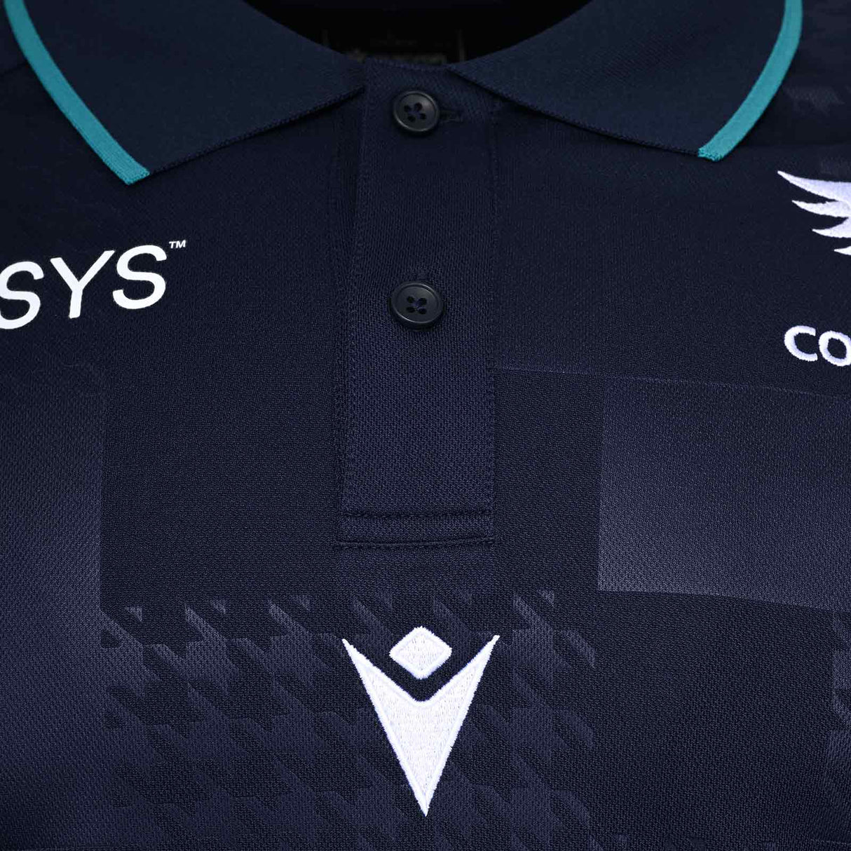 Macron Connacht Rugby 2025/26 Mens SS Travel Polo Shirt Close-Up Chest View