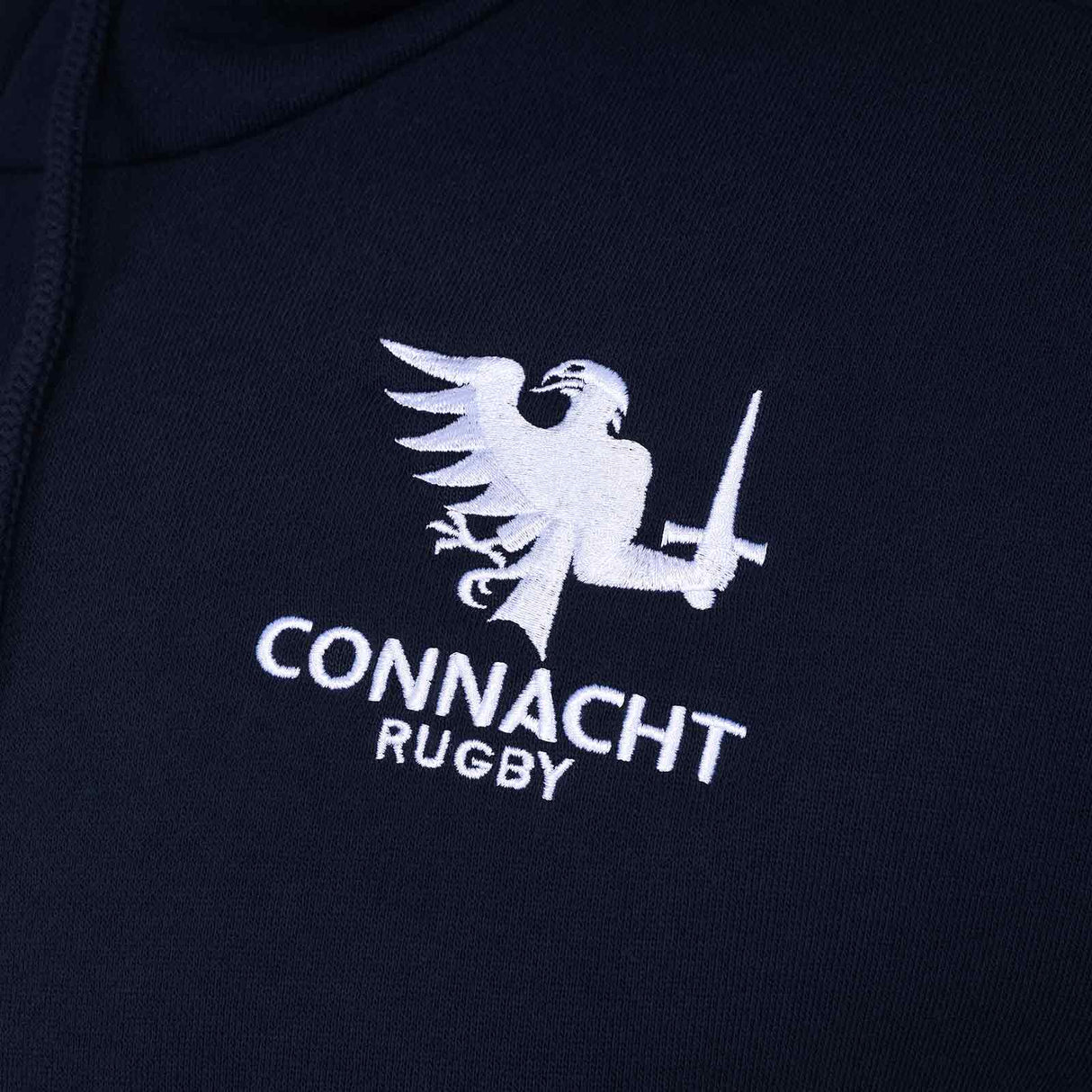 Macron Connacht Rugby 2025/26 Kids Pullover Travel Hoodie Close-Up Crest View