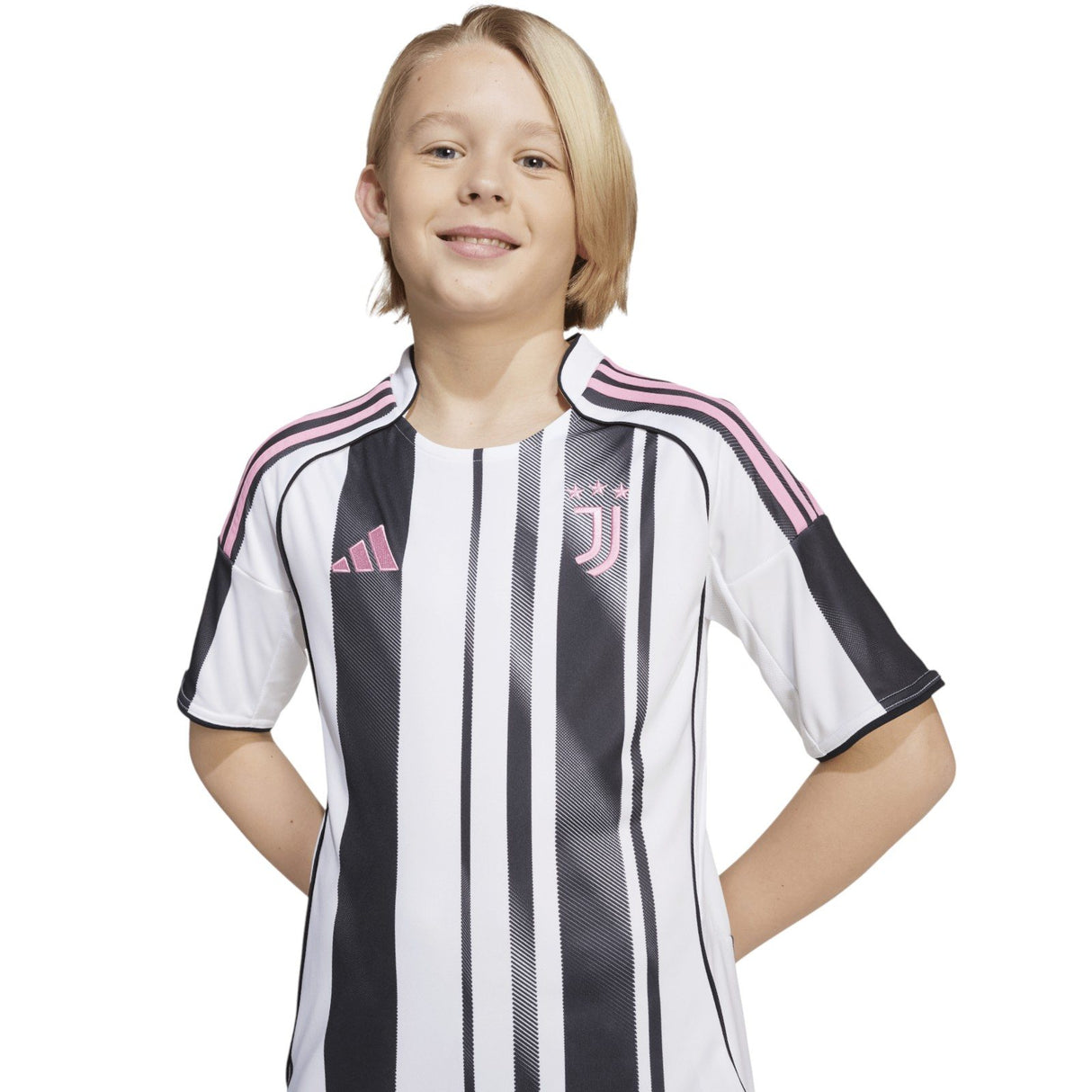 adidas Juventus Football 2025/26 Kids Short Sleeved Home Jersey Model Front Close Up View