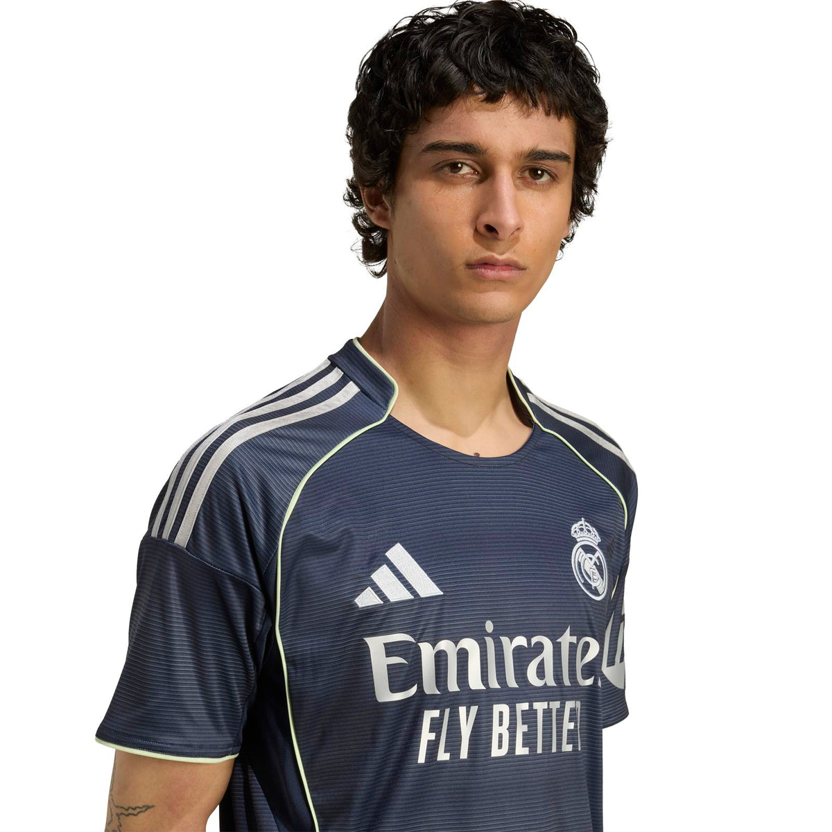 adidas Real Madrid Football 2025/26 Adults Short Sleeved Away Jersey Close-Up Model Front Side View