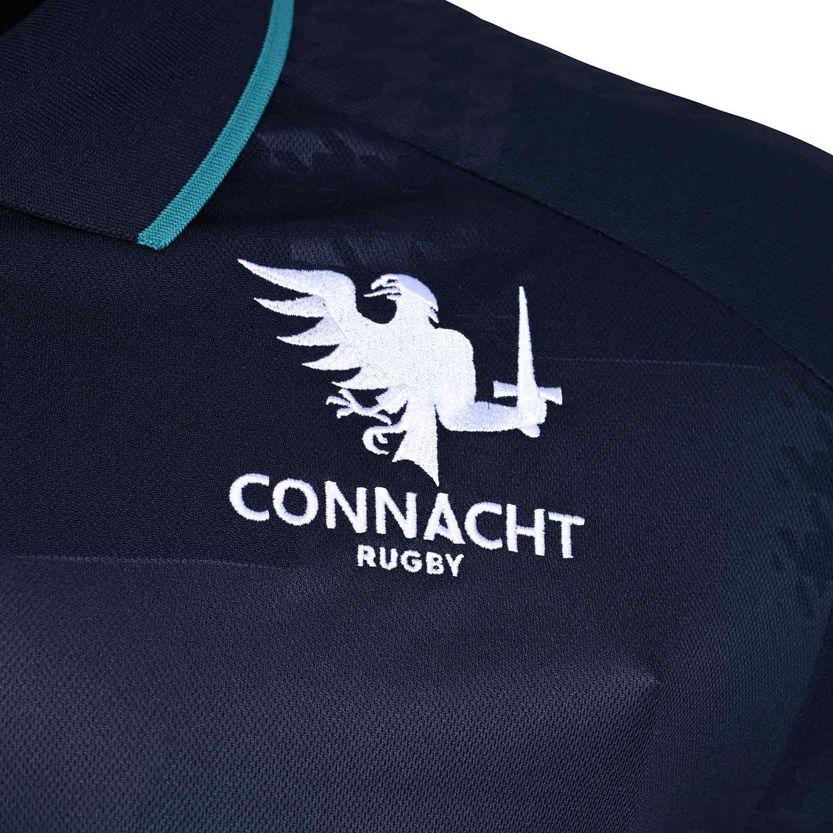 Macron Connacht Rugby 2025/26 Mens SS Travel Polo Shirt Close-Up Connacht Rugby Crest View