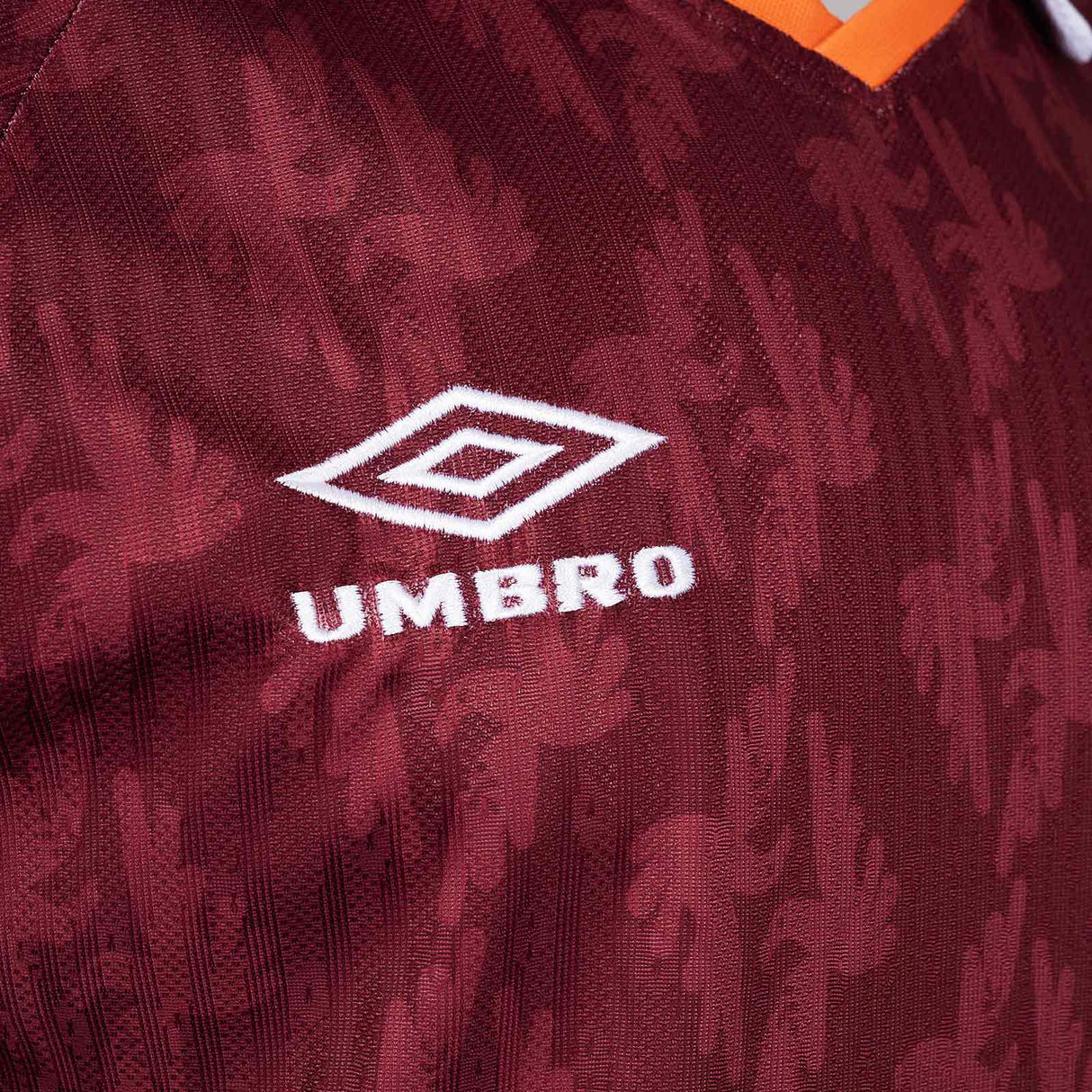 Umbro All Together Now Festival Adults Short Sleeved Retro Jersey Maroon Close-Up Umbro Branding View