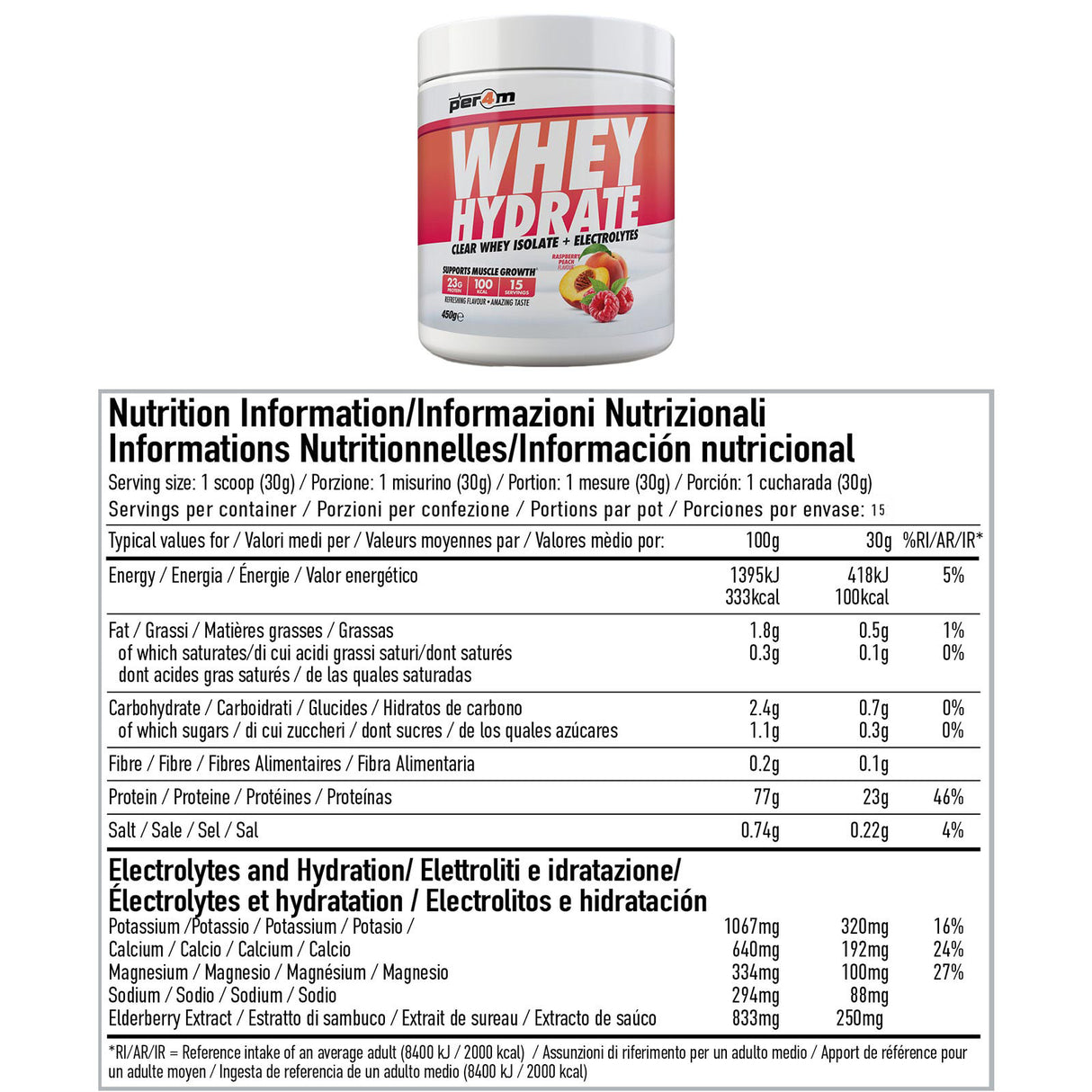 Per4m Clear Whey Hydrate 450g - Raspberry & Peach Nutritional Info
