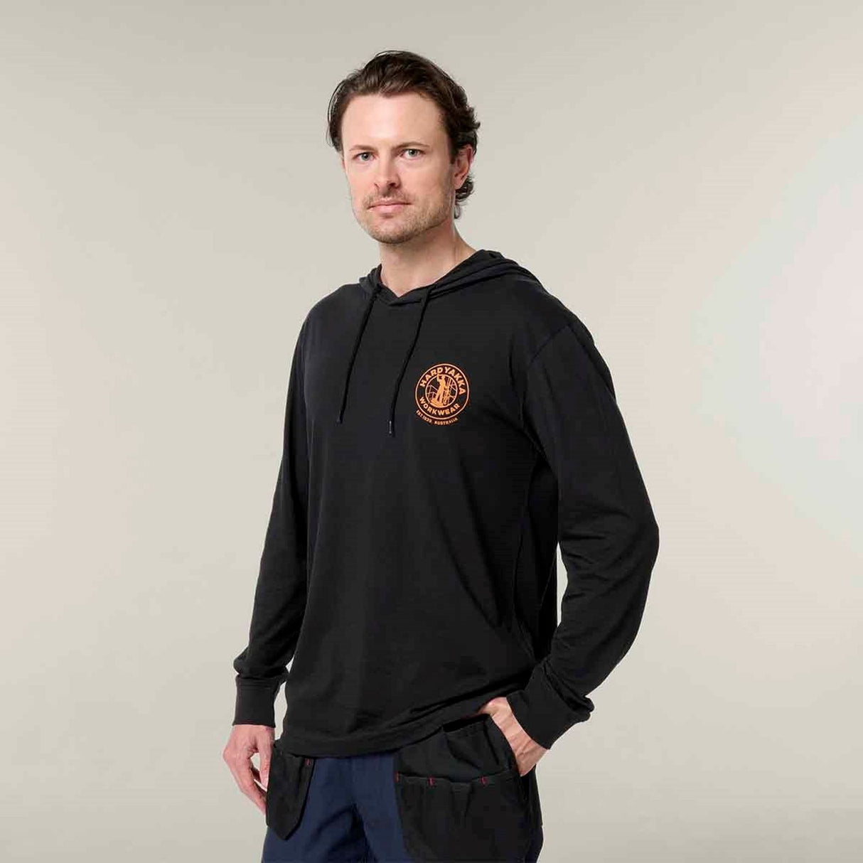 Hard Yakka Mens Hooded Long Sleeve Tee Black