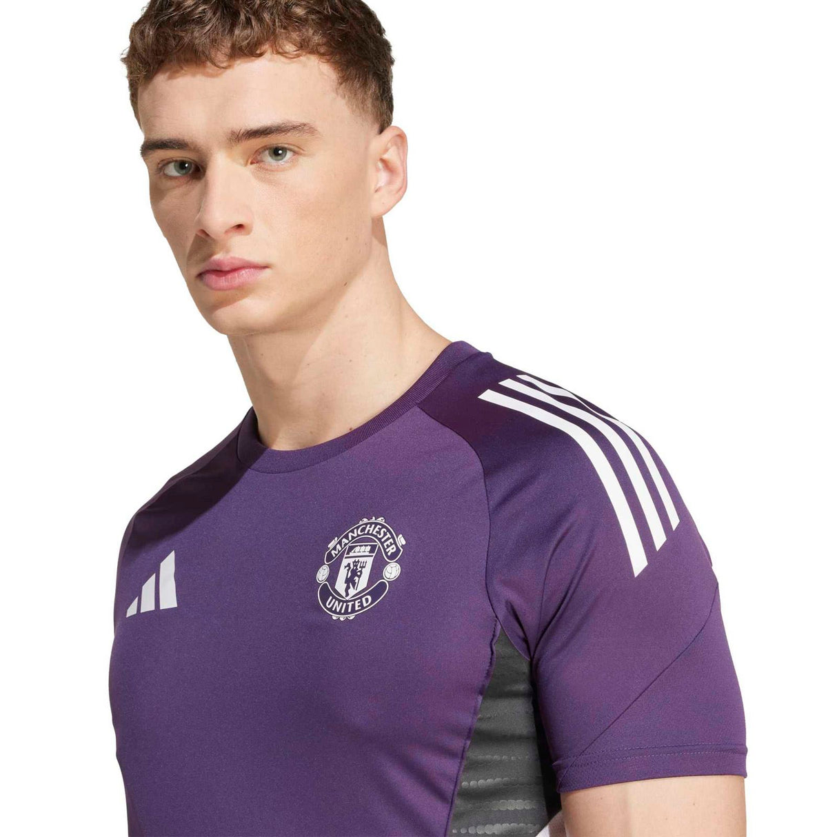 adidas Manchester United Tiro Football 2025/26 Adults Short Sleeved Training Jersey Model Close-Up Side Front View