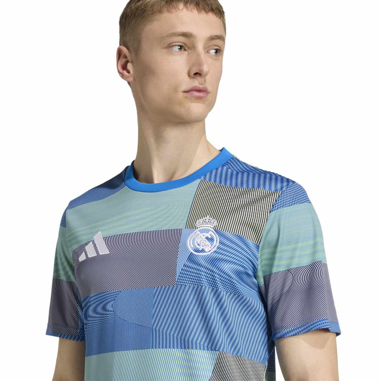 adidas Real Madrid Football 2025/26 Adults Pre-Match Jersey Model Close-Up Chest View