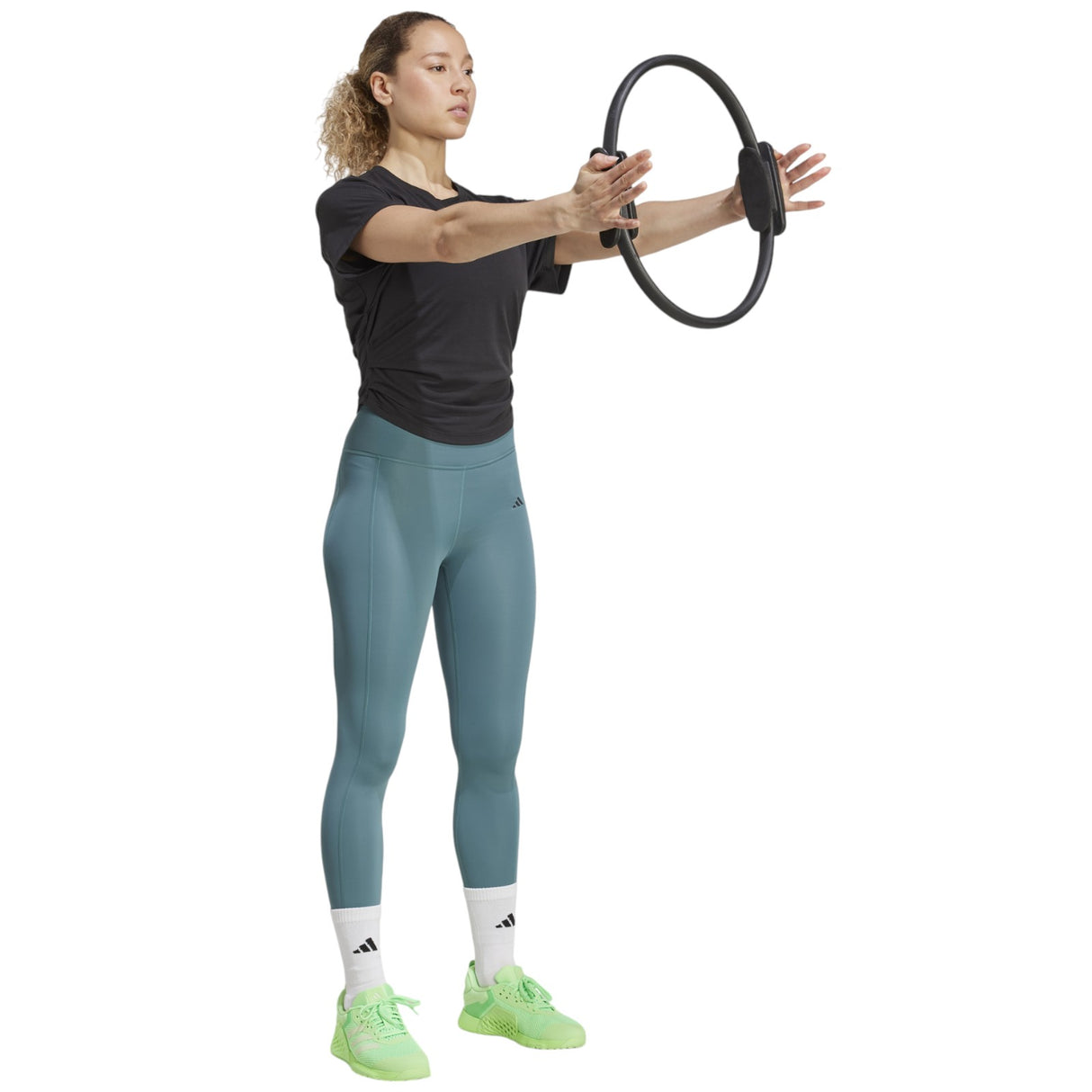 adidas Power Womens Short Sleeved Boxy Training T-Shirt Model Full-Length Exercising View