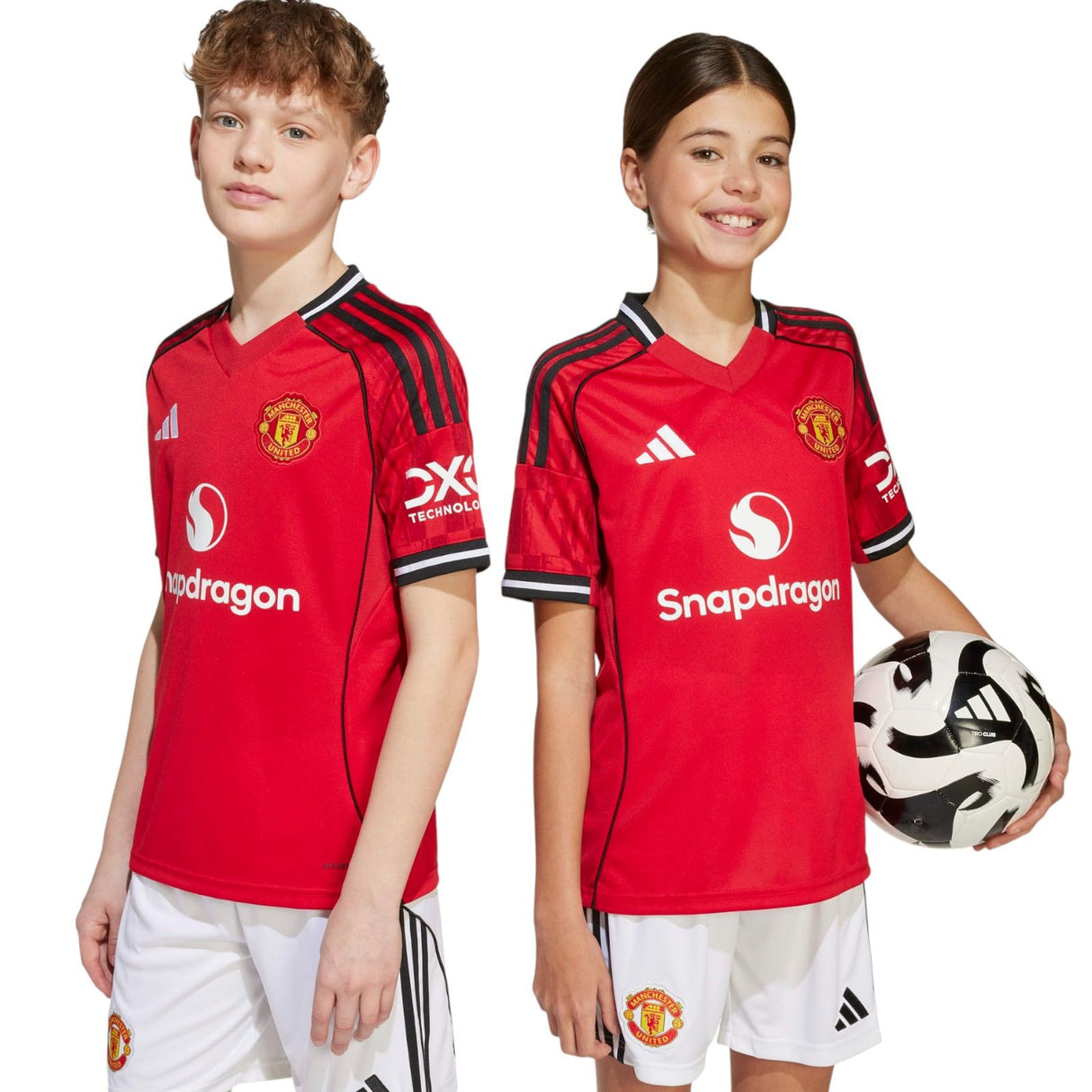 adidas Manchester United Football 2025/26 Kids Short Sleeved Home Jersey Models Front Side View