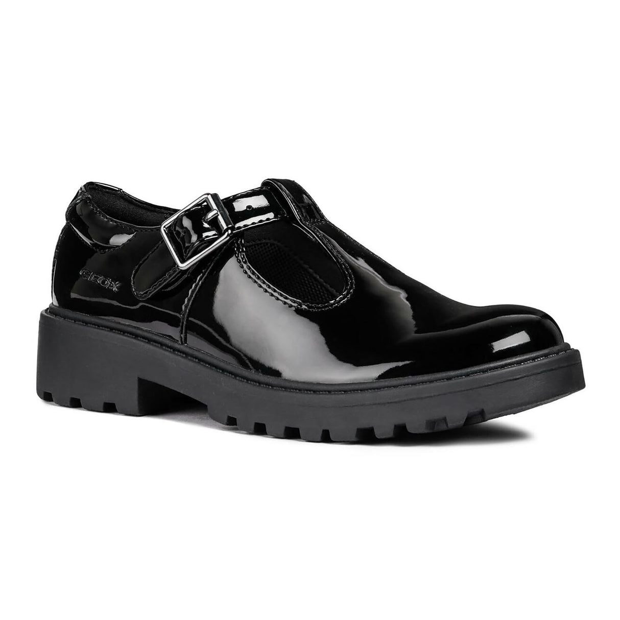 Geox Girls J Casey G. E Buckle Shoe Black Patent