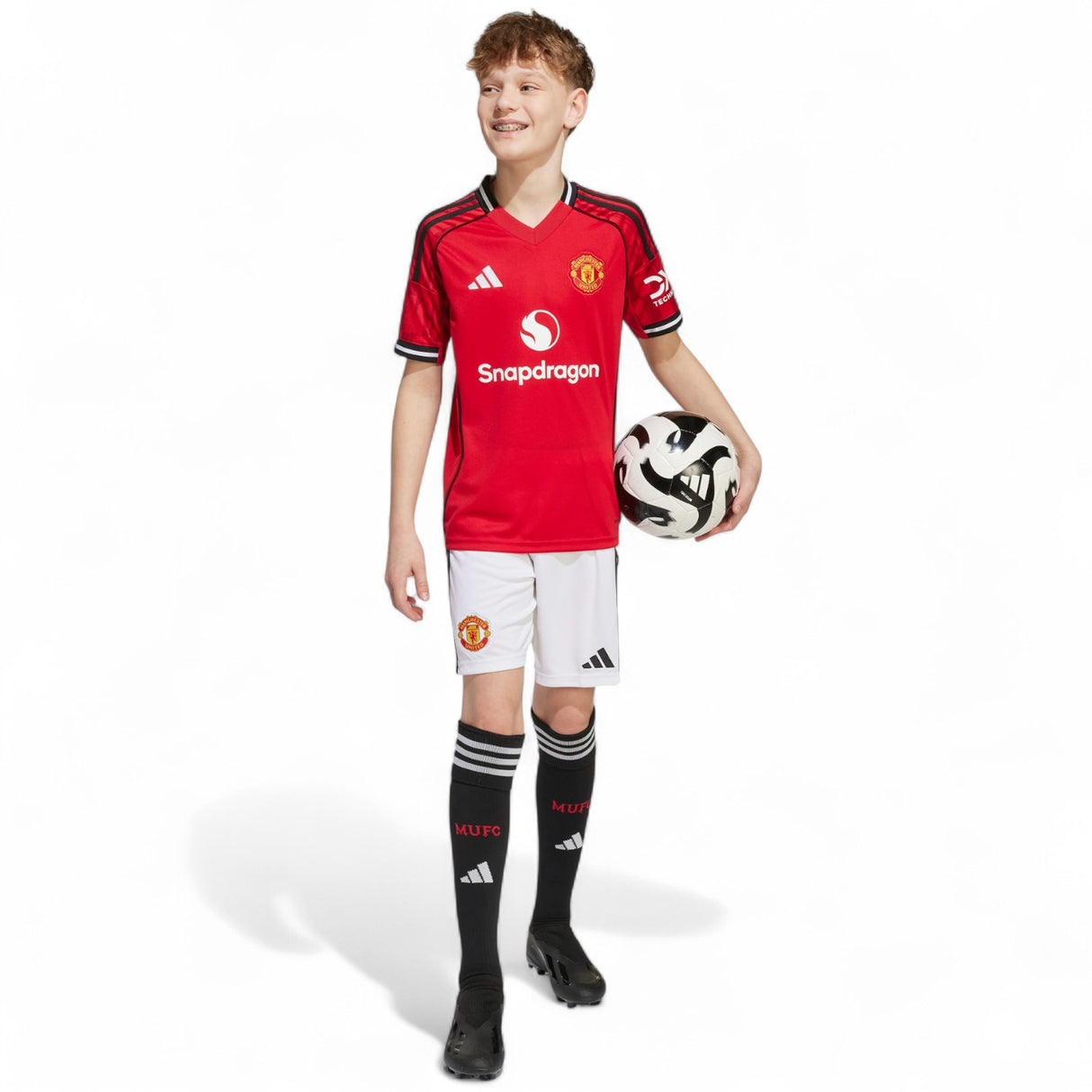 adidas Manchester United Football 2025/26 Kids Short Sleeved Home Jersey Model Full-Length View