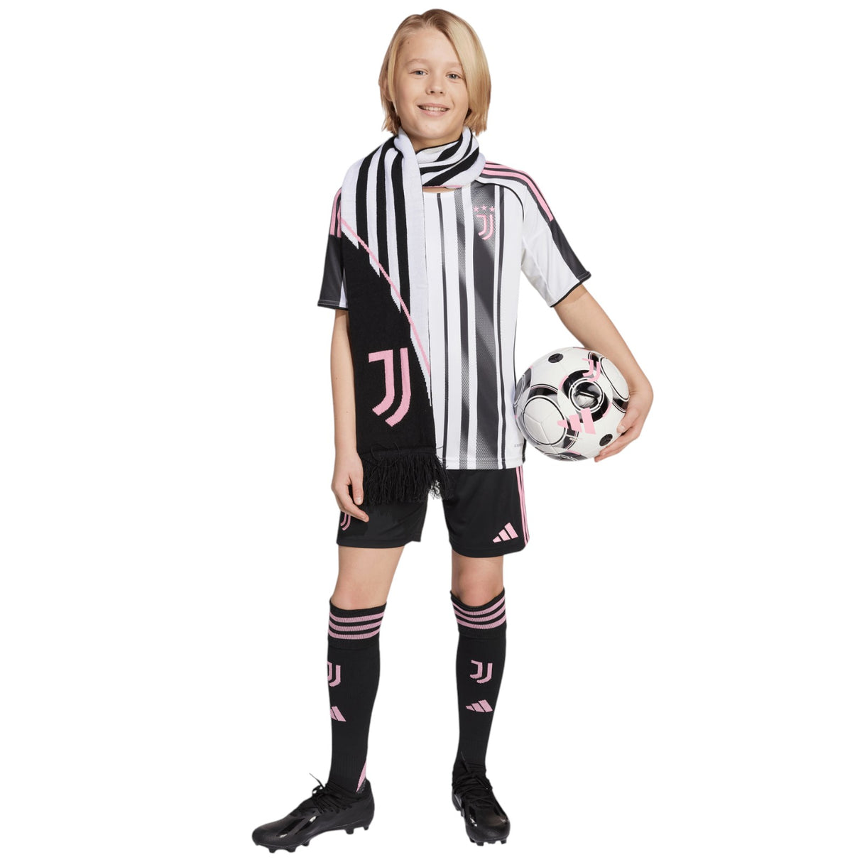 adidas Juventus Football 2025/26 Kids Short Sleeved Home Jersey Model Standing Full-Length View