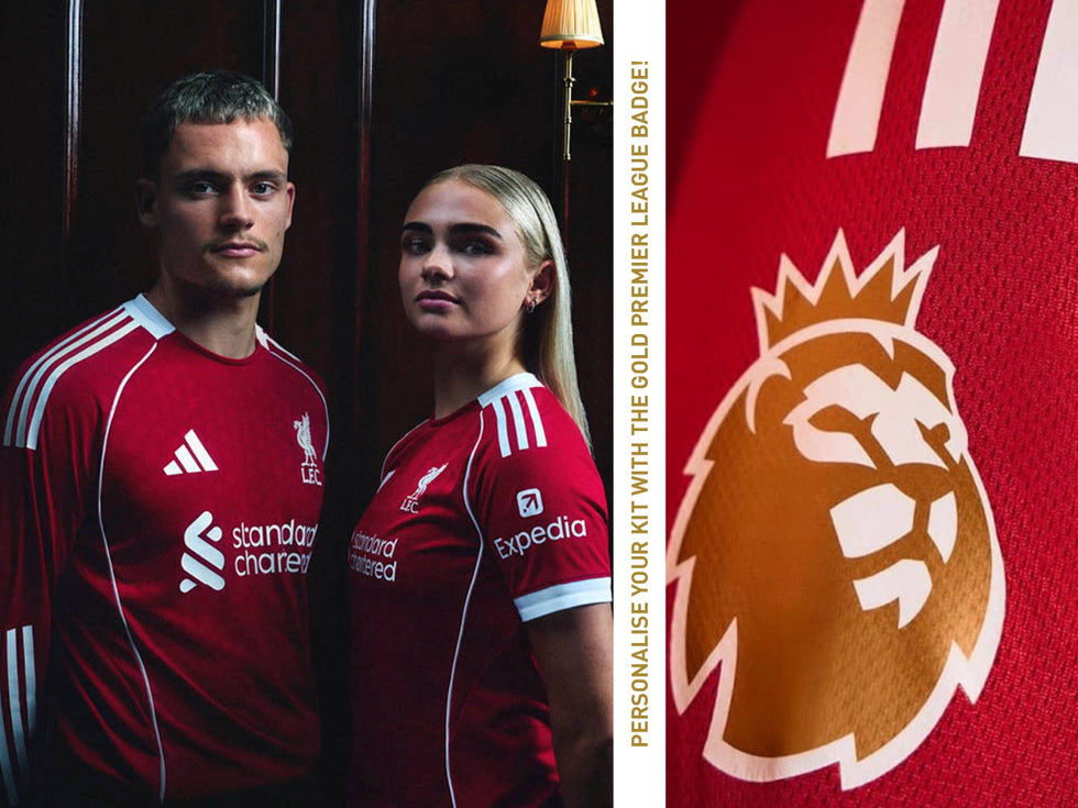 This is an image of players wearing the 2025/26 Liverpool FC Home Jersey & also a close up of the EPL Winners bagde that can be used at the personalisation stage of the purchase.