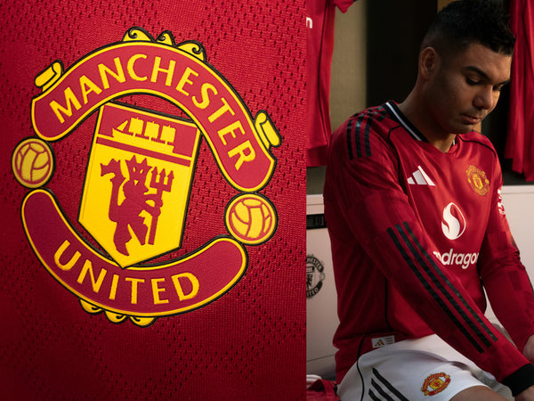 An image of Manchester United FC team players sitting in the changing room & wearing the new 2025 Man Utd Home kit