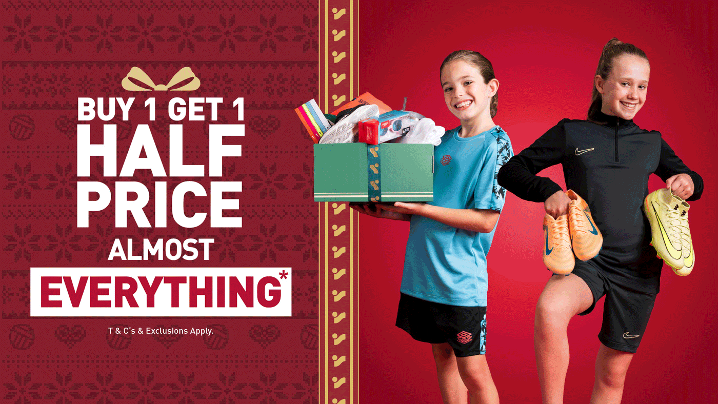 A GIF of the Intersport Elverys Christmas Black Friday sale offer, calling out Buy 1 Get 1 Half Price on almost everything. Features adults & kids showcasing products as part of the promotion.