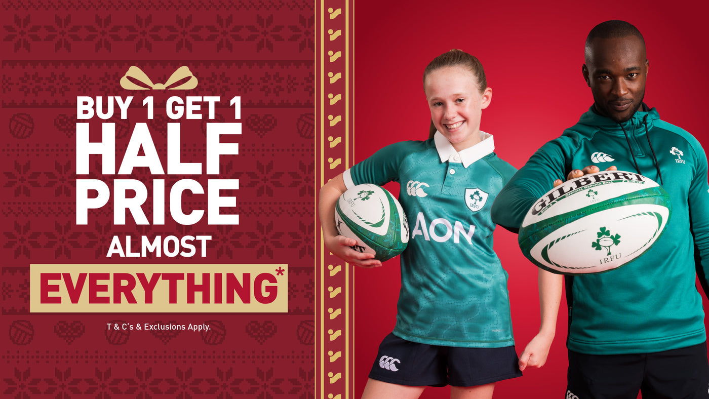 An image of the Intersport Elverys Christmas Black Friday sale offer, calling out Buy 1 Get 1 Half Price on almost everything. Features people showcasing products as part of the promotion.