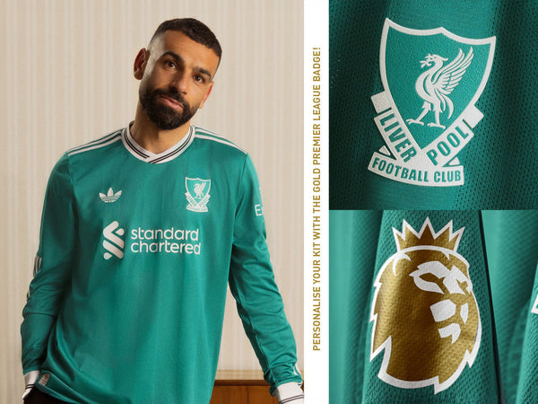An image of players wearing the 2025/26 Liverpool F.C. Third Jersey, including text and imagery calling out the unique badge print personalisation