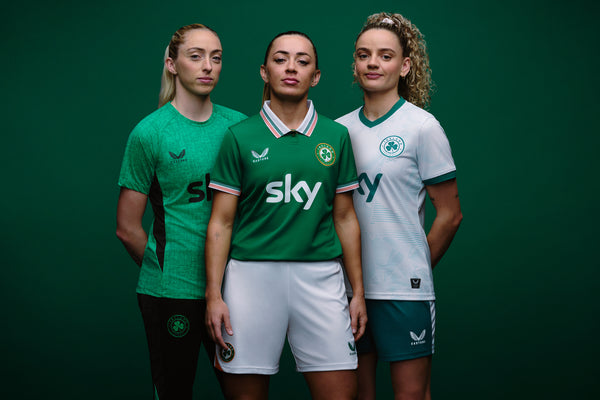 Three female Republic of Ireland team members standing proud in the new FAI range