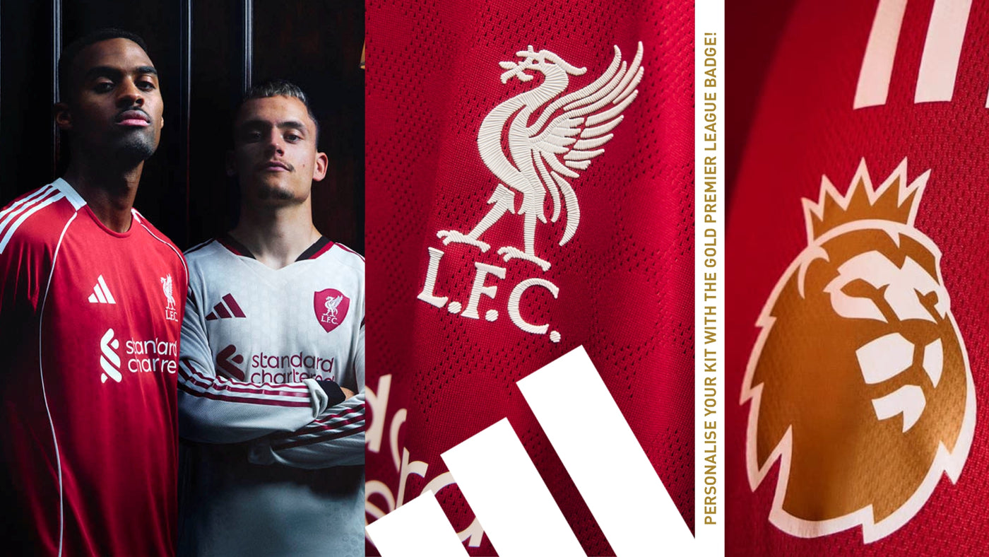 This is an image of players wearing the 2025/26 Liverpool FC Home Jersey & also a close up of the EPL Winners bagde that can be used at the personalisation stage of the purchase.