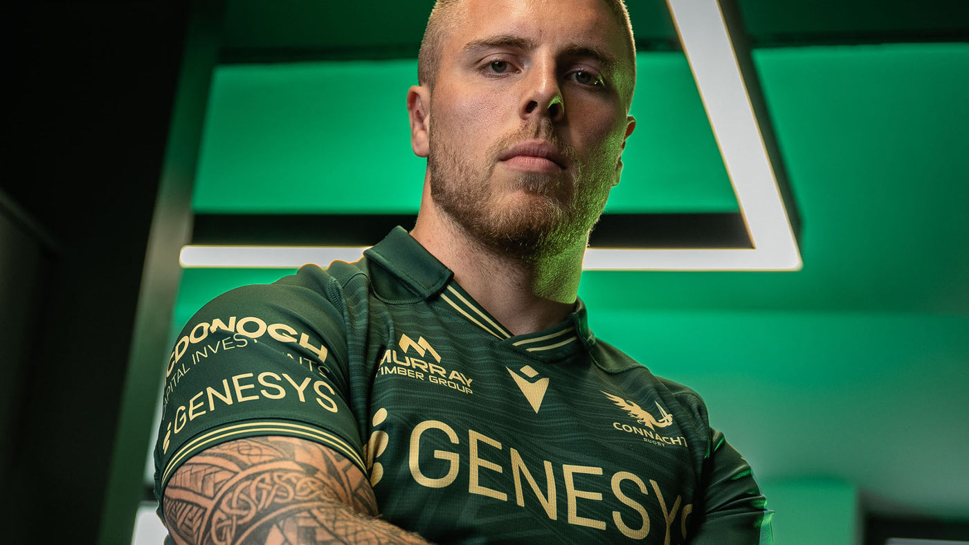 An image of a Connacht Rugby player wearing the 2025/26 Home Team Jersey