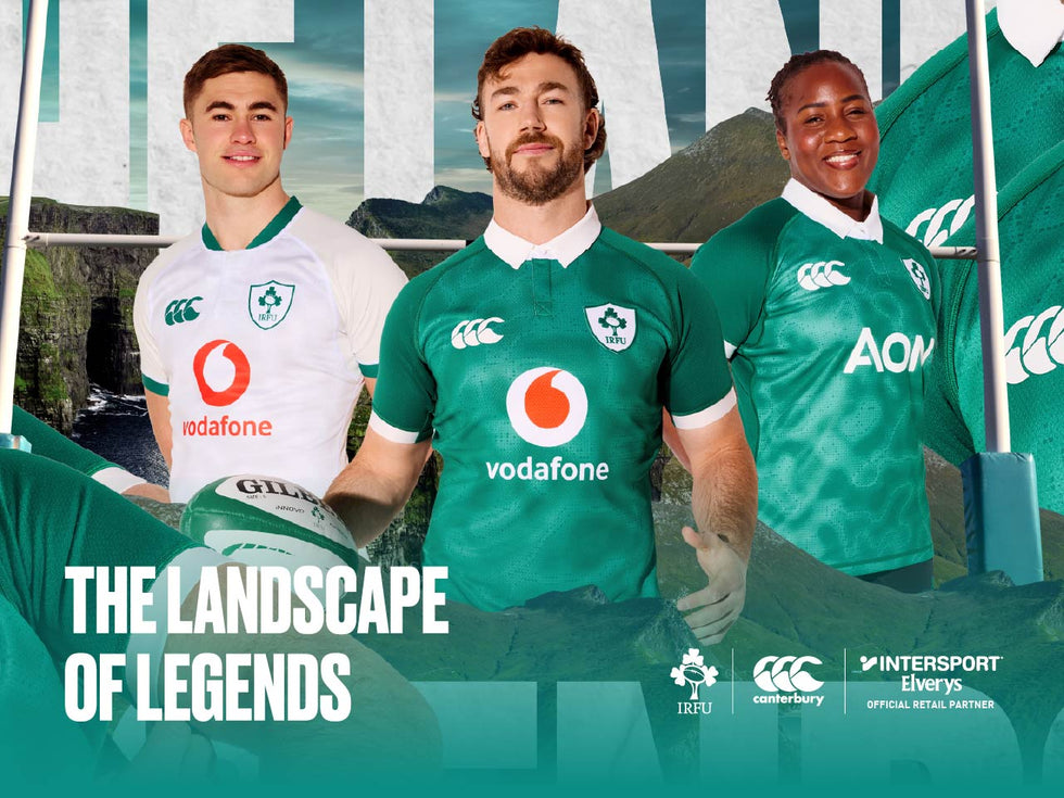 An image of players wearing the Ireland Rugby 2025/26 kit at Intersport Elverys, includes logo lock-up of IRFU, CCC & Elverys