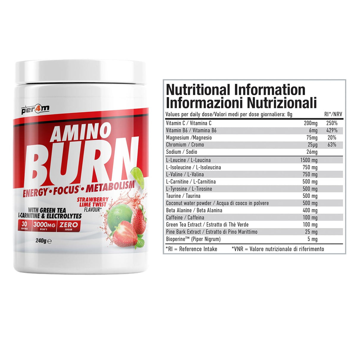 Per4m Amino Burn 240g -Strawberry Lime Nutritional Info