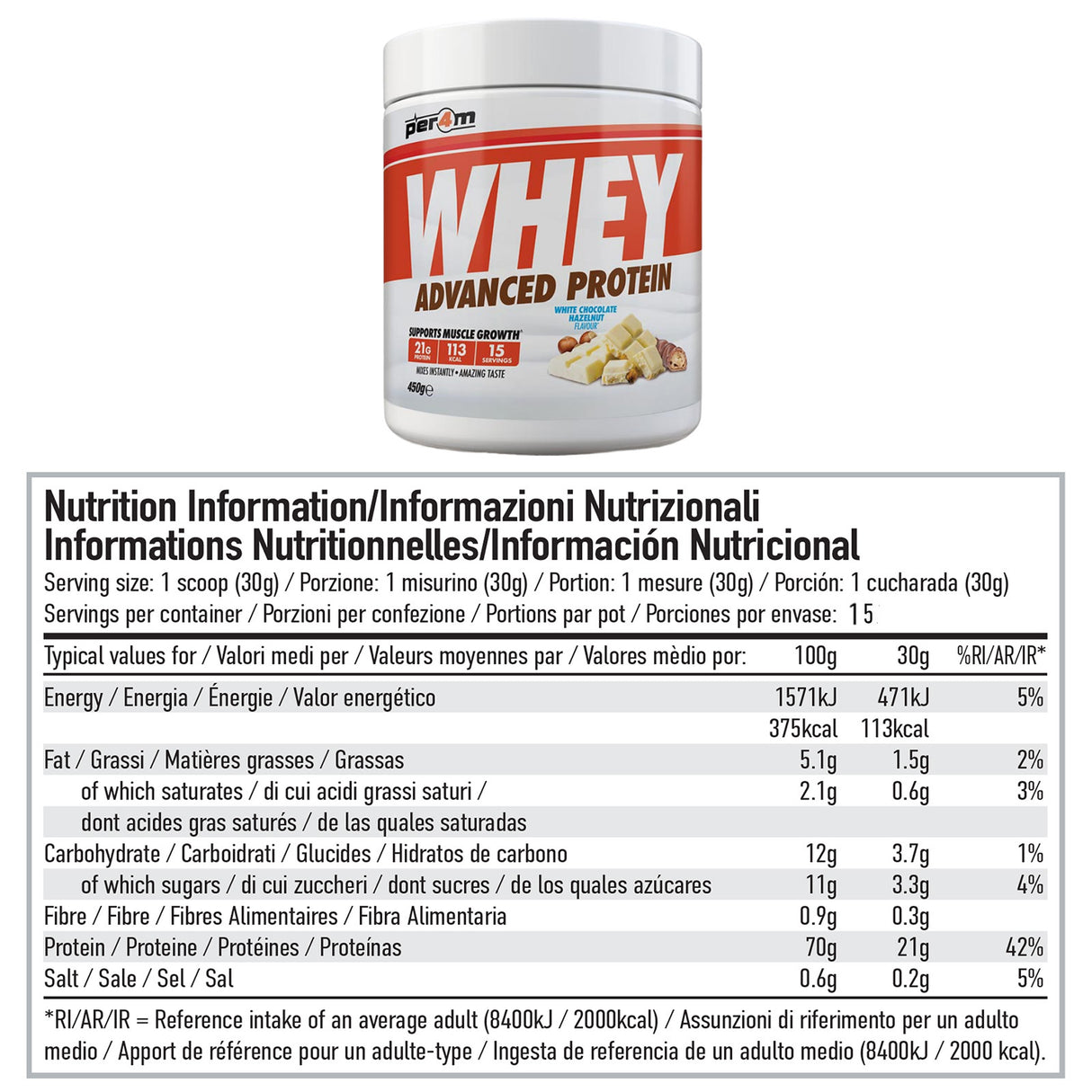 Per4m Whey Protein 450g - White Choc Hazelnut Nutrition Info