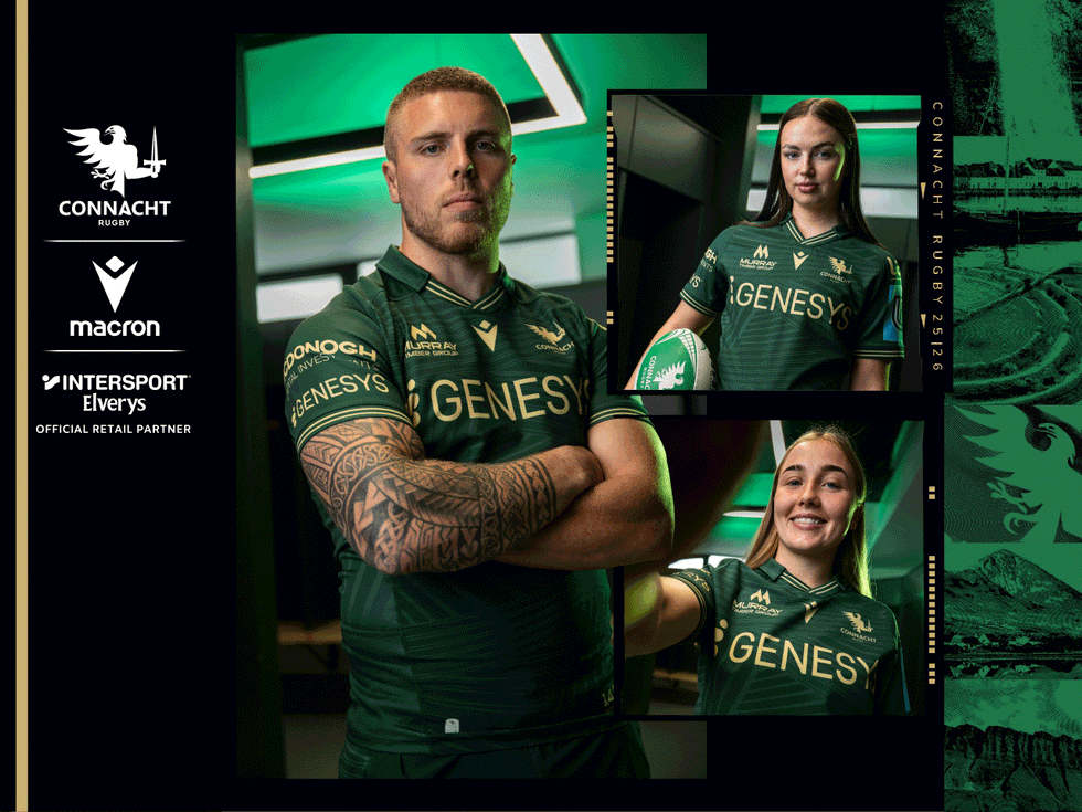 A GIF of Connacht Rugby players wearing the 2025/26 Home & Away Team Jersey including the logos by Intersport Elverys, Connacht Rugby & Macron