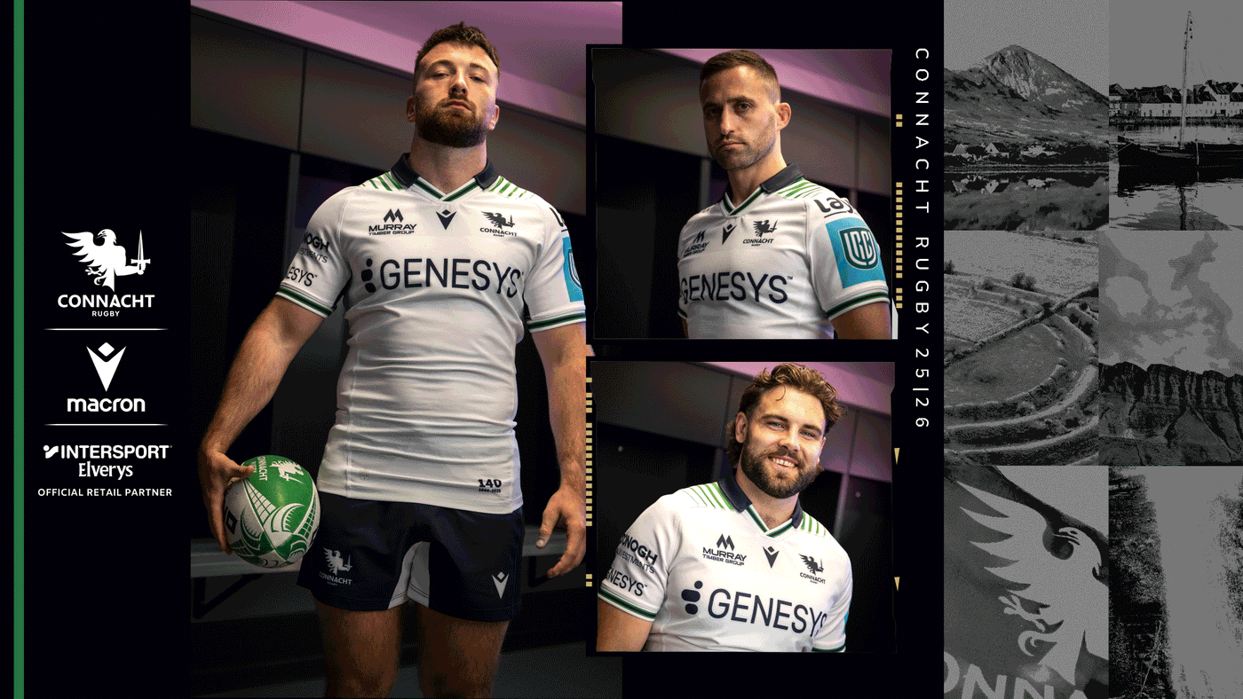 A GIF of Connacht Rugby players wearing the 2025/26 Home & Away Team Jersey including the logos by Intersport Elverys, Connacht Rugby & Macron