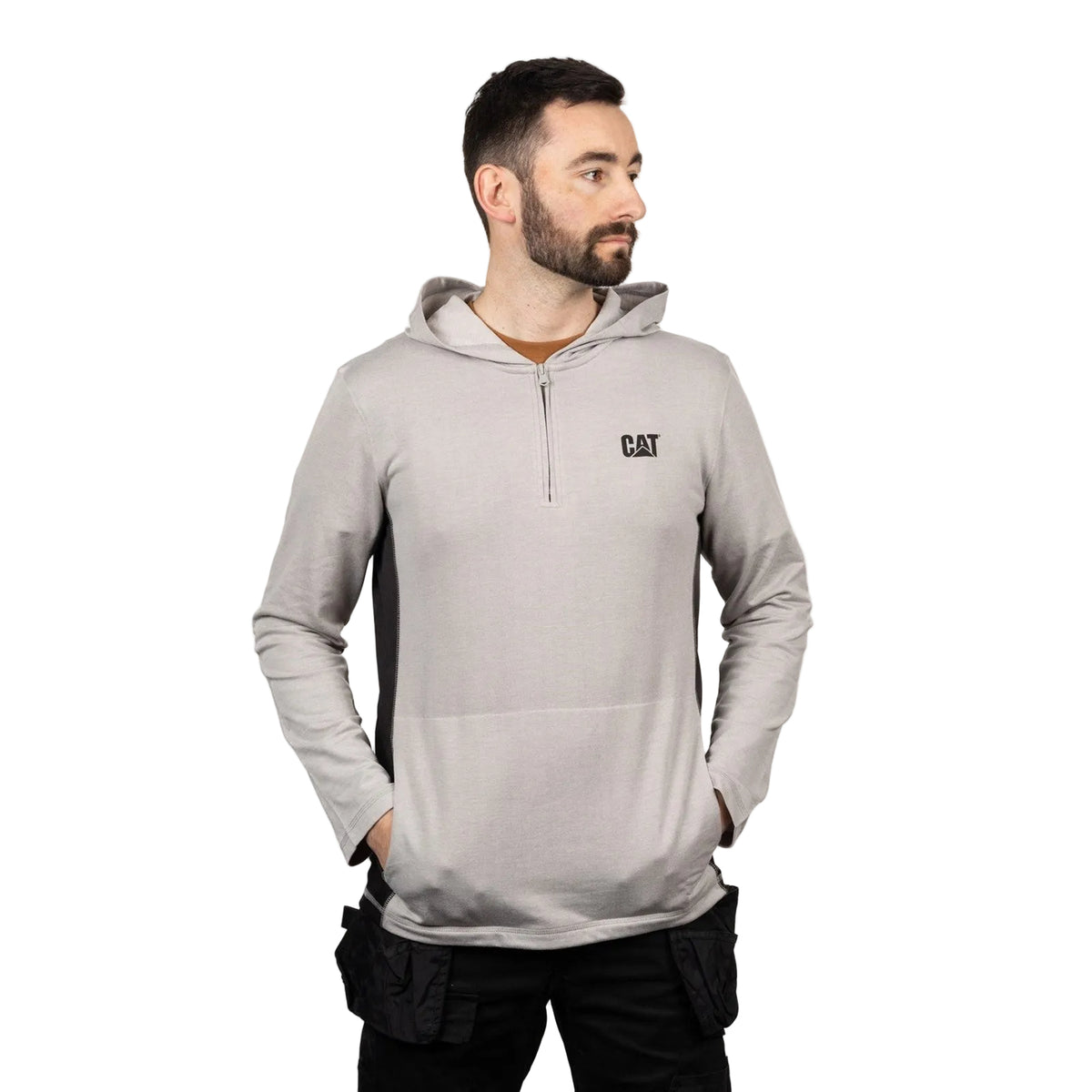 Caterpillar Mens Coolmax Quarter Zip Hoodie Heather Grey