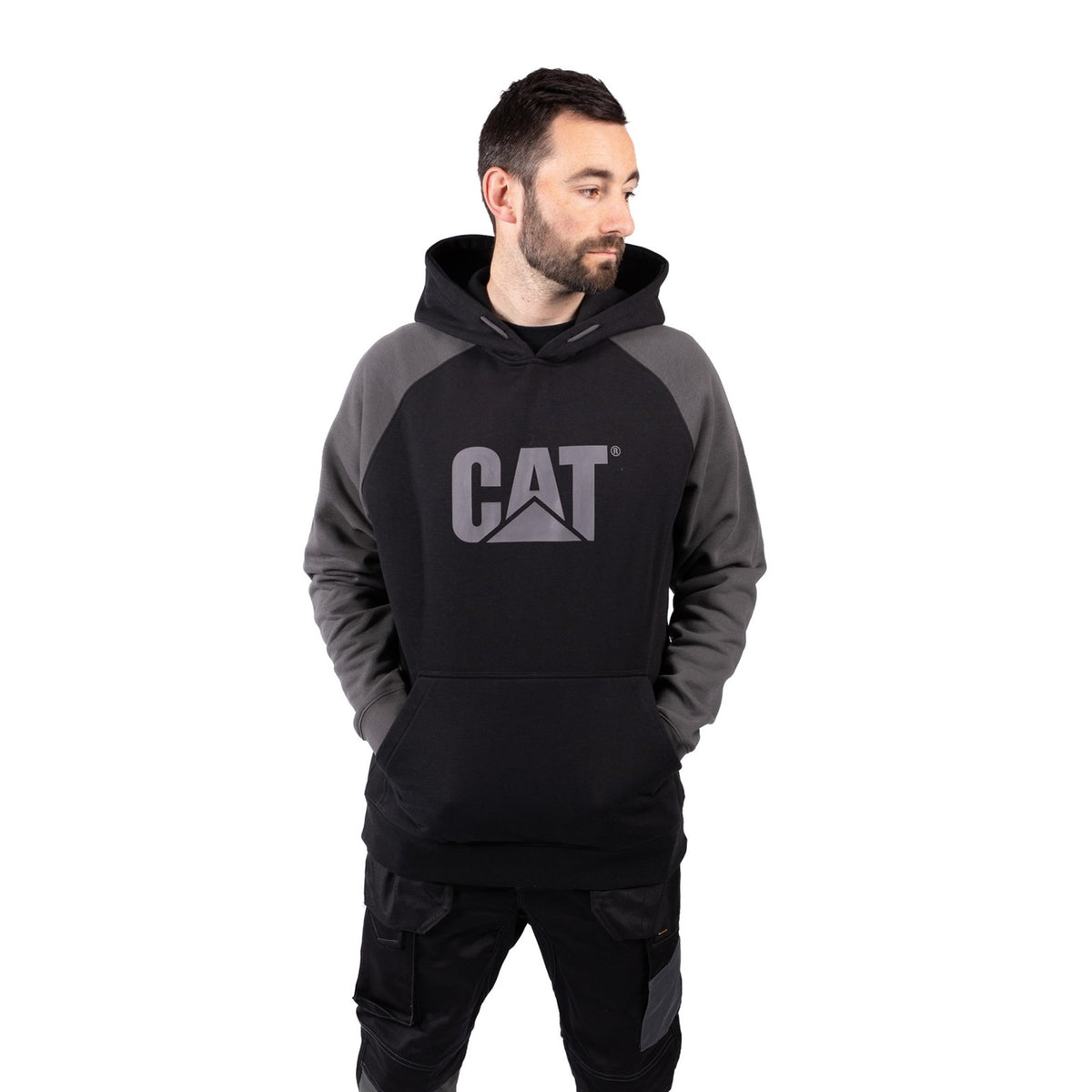 Caterpillar Mens Raglan Hooded Sweatshirt Black/Magnet
