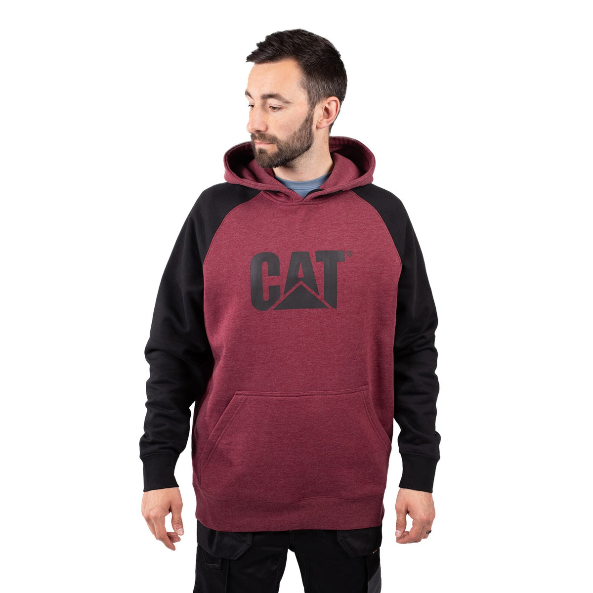 Caterpillar Mens Raglan Hooded Sweatshirt Carmenere Heather/Black