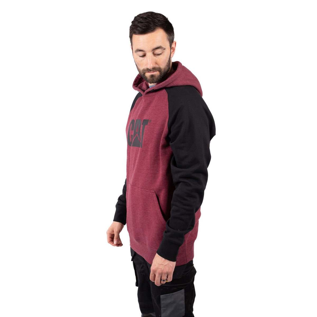 Caterpillar Mens Raglan Hooded Sweatshirt Carmenere Heather/Black